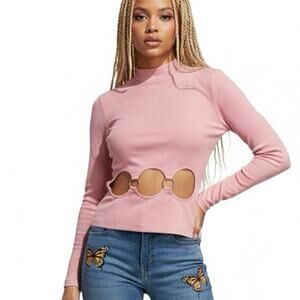 ASOS O-ring Cutout Top Womens S Pink Long Sleeve High Neck Y2K 90s Festival